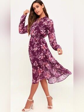 NWOT! Lulus Fall Sheer Metallic Garden Party Gown Floral Belted Midi Dress Small
